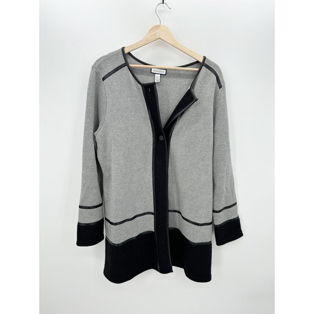 Charter Club Gray Black Button Front Cardigan Sweater Long Line Cotton Wool Sz L